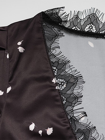 サテンレースパッチワークマキシドレス（レディース） - ブラック花柄プリントVネック半袖スリムフィット - 夏の夜のお出かけに2026年