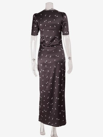 サテンレースパッチワークマキシドレス（レディース） - ブラック花柄プリントVネック半袖スリムフィット - 夏の夜のお出かけに2026年