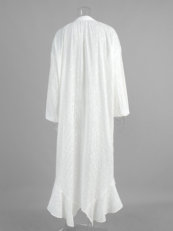 アイレット刺繍マキシドレス（レディース） - ホワイト ボヘミアン Vネック オーバーサイズ フリル裾 カフタン - 2026年夏ビーチバケーション