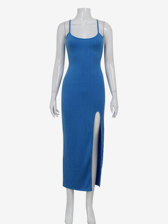 ブルーのハイカットスリットキャミソールマキシドレス（女性用） - セクシーなスパゲッティストラップボディコンサンドレス - 2026年夏のビーチバケーション