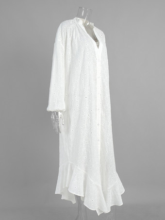 アイレット刺繍マキシドレス（レディース） - ホワイト ボヘミアン Vネック オーバーサイズ フリル裾 カフタン - 2026年夏ビーチバケーション