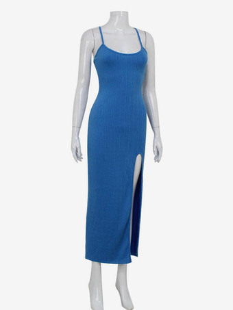 ブルーのハイカットスリットキャミソールマキシドレス（女性用） - セクシーなスパゲッティストラップボディコンサンドレス - 2026年夏のビーチバケーション