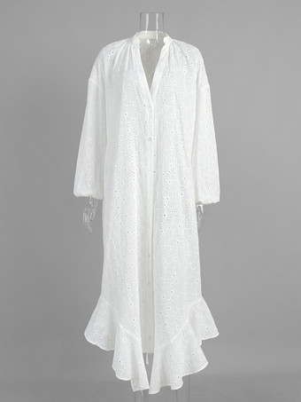 アイレット刺繍マキシドレス（レディース） - ホワイト ボヘミアン Vネック オーバーサイズ フリル裾 カフタン - 2026年夏ビーチバケーション