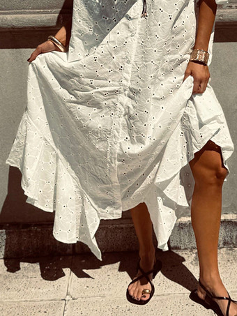 アイレット刺繍マキシドレス（レディース） - ホワイト ボヘミアン Vネック オーバーサイズ フリル裾 カフタン - 2026年夏ビーチバケーション