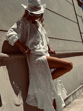 アイレット刺繍マキシドレス（レディース） - ホワイト ボヘミアン Vネック オーバーサイズ フリル裾 カフタン - 2026年夏ビーチバケーション