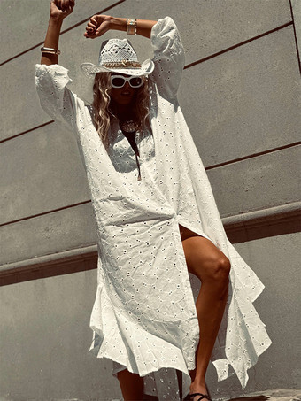 アイレット刺繍マキシドレス（レディース） - ホワイト ボヘミアン Vネック オーバーサイズ フリル裾 カフタン - 2026年夏ビーチバケーション