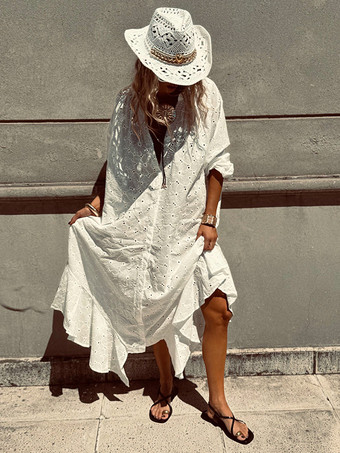 アイレット刺繍マキシドレス（レディース） - ホワイト ボヘミアン Vネック オーバーサイズ フリル裾 カフタン - 2026年夏ビーチバケーション