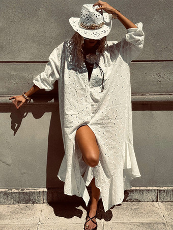 ホワイト アイレット刺繍マキシドレス（レディース） - ホワイト ボヘミアン Vネック オーバーサイズ フリル裾 カフタン - 2026年夏ビーチバケーション