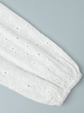 アイレット刺繍マキシドレス（レディース） - ホワイト ボヘミアン Vネック オーバーサイズ フリル裾 カフタン - 2026年夏ビーチバケーション