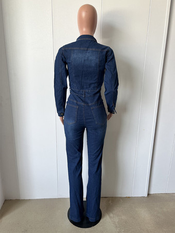 ウォッシュドデニムフレアジャンプスーツ（レディース） - ダークブルー長袖コットンブーツカットロンパース - 2026年春のストリートウェア