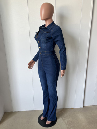 ウォッシュドデニムフレアジャンプスーツ（レディース） - ダークブルー長袖コットンブーツカットロンパース - 2026年春のストリートウェア