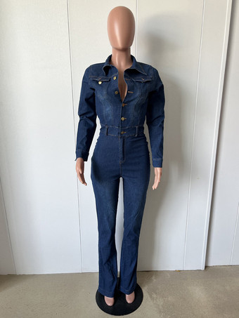 ウォッシュドデニムフレアジャンプスーツ（レディース） - ダークブルー長袖コットンブーツカットロンパース - 2026年春のストリートウェア
