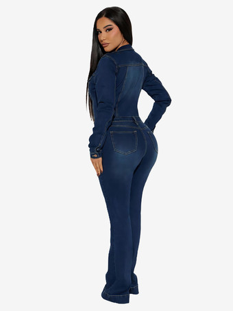 ウォッシュドデニムフレアジャンプスーツ（レディース） - ダークブルー長袖コットンブーツカットロンパース - 2026年春のストリートウェア