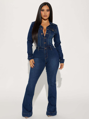 ウォッシュドデニムフレアジャンプスーツ（レディース） - ダークブルー長袖コットンブーツカットロンパース - 2026年春のストリートウェア