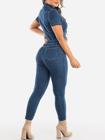 スリムフィット ウォッシュドデニムジャンプスーツ レディース - ダークブルー セクシー ボディコン 半袖 ボタンアップ ロンパース - サマーカジュアルストリートウェア 2026