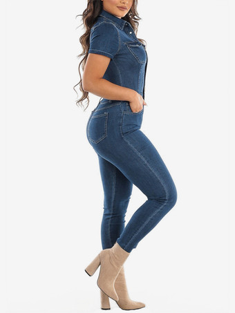 スリムフィット ウォッシュドデニムジャンプスーツ レディース - ダークブルー セクシー ボディコン 半袖 ボタンアップ ロンパース - サマーカジュアルストリートウェア 2026