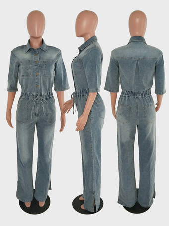 ストレッチウォッシュドデニムジャンプスーツ（レディース） - ライトブルー、ドローストリングウエスト、サイドスリット、ワイドレッグ、カーゴロンパース - サマーストリートウェア2026