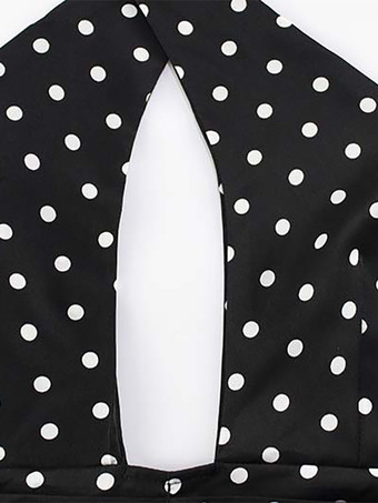 ヴィンテージ風水玉模様のホルターネックミニドレス（レディース） - ブラック レトロ クロスストラップ キーホール フィット＆フレア サンドレス - サマー ガールズ ナイトアウト 2026