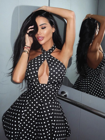 ヴィンテージ風水玉模様のホルターネックミニドレス（レディース） - ブラック レトロ クロスストラップ キーホール フィット＆フレア サンドレス - サマー ガールズ ナイトアウト 2026