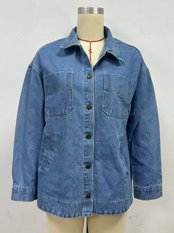 レディース用オーバーサイズデニムジャケット - ミディアムウォッシュ ボーイフレンドフィット サイドスリット トラッカーコート - 2026年春のデイリーストリートウェア