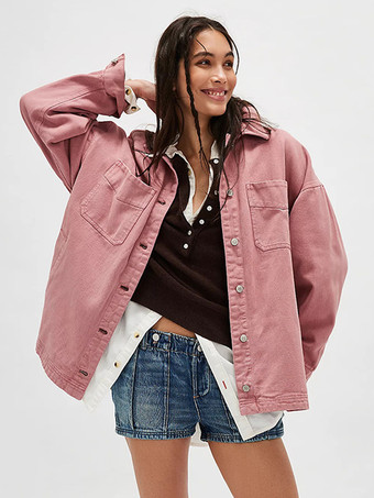 ピンク レディース用オーバーサイズデニムジャケット - ミディアムウォッシュ ボーイフレンドフィット サイドスリット トラッカーコート - 2026年春のデイリーストリートウェア
