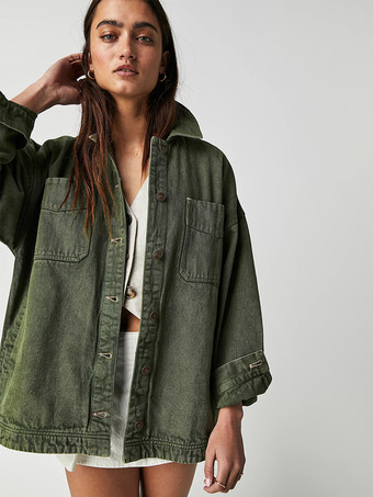 ハンターグリーン レディース用オーバーサイズデニムジャケット - ミディアムウォッシュ ボーイフレンドフィット サイドスリット トラッカーコート - 2026年春のデイリーストリートウェア