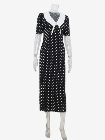 水玉模様のマキシドレス（レディース） - ブラック ヴィンテージ ピーターパンカラー ボディコン ペンシルドレス - 夏のデートナイト 2026