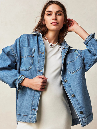 ブルー レディース用オーバーサイズデニムジャケット - ミディアムウォッシュ ボーイフレンドフィット サイドスリット トラッカーコート - 2026年春のデイリーストリートウェア