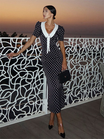 ブラック 水玉模様のマキシドレス（レディース） - ブラック ヴィンテージ ピーターパンカラー ボディコン ペンシルドレス - 夏のデートナイト 2026