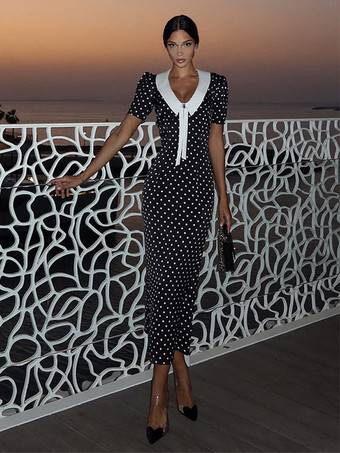 水玉模様のマキシドレス（レディース） - ブラック ヴィンテージ ピーターパンカラー ボディコン ペンシルドレス - 夏のデートナイト 2026