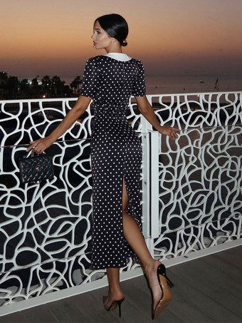 水玉模様のマキシドレス（レディース） - ブラック ヴィンテージ ピーターパンカラー ボディコン ペンシルドレス - 夏のデートナイト 2026