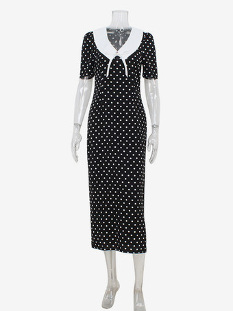 水玉模様のマキシドレス（レディース） - ブラック ヴィンテージ ピーターパンカラー ボディコン ペンシルドレス - 夏のデートナイト 2026