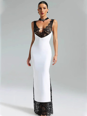 ホワイト レースパッチワークマキシドレス（女性用） - セクシーなVネックボディコンノースリーブガウン - サマークラブウェアパーティナイト2026