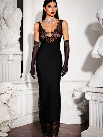 レースパッチワークマキシドレス（女性用） - セクシーなVネックボディコンノースリーブガウン - サマークラブウェアパーティナイト2026