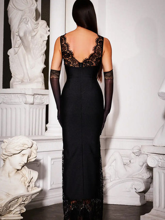 レースパッチワークマキシドレス（女性用） - セクシーなVネックボディコンノースリーブガウン - サマークラブウェアパーティナイト2026