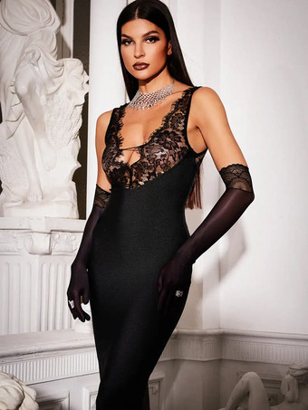 レースパッチワークマキシドレス（女性用） - セクシーなVネックボディコンノースリーブガウン - サマークラブウェアパーティナイト2026