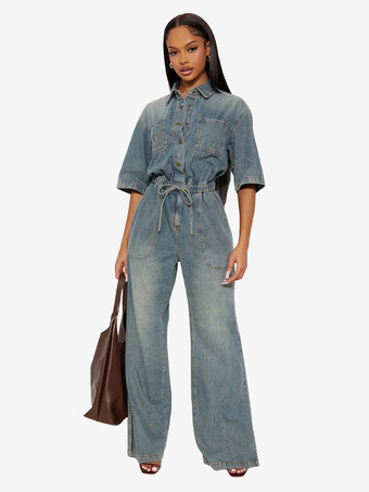 ストレッチウォッシュドデニムジャンプスーツ（レディース） - ライトブルー、ドローストリングウエスト、サイドスリット、ワイドレッグ、カーゴロンパース - サマーストリートウェア2026