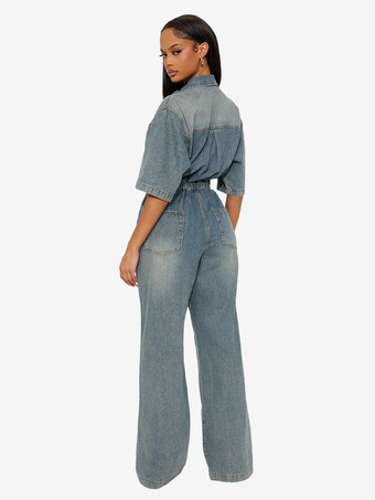 ストレッチウォッシュドデニムジャンプスーツ（レディース） - ライトブルー、ドローストリングウエスト、サイドスリット、ワイドレッグ、カーゴロンパース - サマーストリートウェア2026