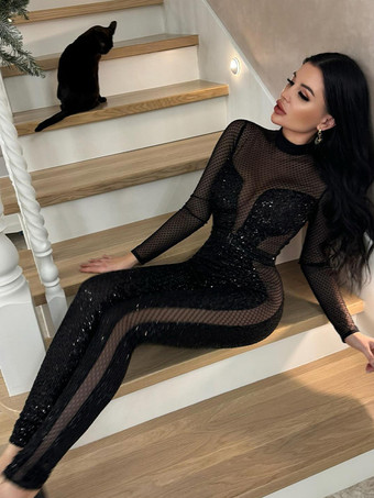 スパンコールメッシュジャンプスーツ（女性用） - ブラック セクシー シースルー バディ 長袖ボディスーツ - 春のクラブウェア ナイトアウト パーティー 2026