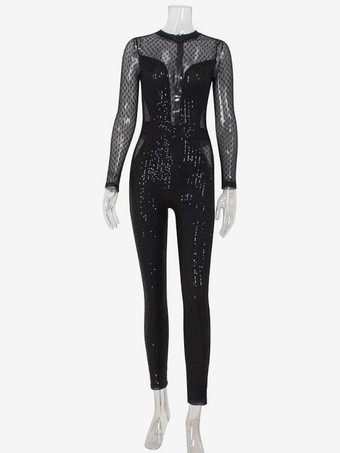 スパンコールメッシュジャンプスーツ（女性用） - ブラック セクシー シースルー バディ 長袖ボディスーツ - 春のクラブウェア ナイトアウト パーティー 2026