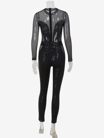 スパンコールメッシュジャンプスーツ（女性用） - ブラック セクシー シースルー バディ 長袖ボディスーツ - 春のクラブウェア ナイトアウト パーティー 2026