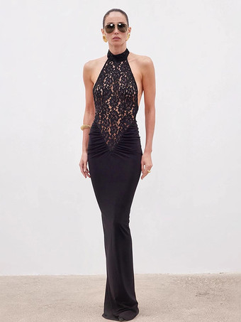 シアーレースパッチワークホルターネックマキシドレス（レディース） - ブラック セクシー バックレス マーメイド ボディコン - サマーフォーマルイブニングガウン 2026