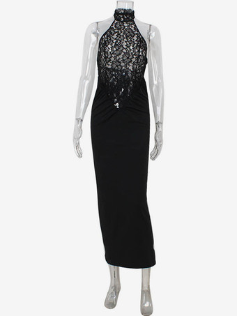 シアーレースパッチワークホルターネックマキシドレス（レディース） - ブラック セクシー バックレス マーメイド ボディコン - サマーフォーマルイブニングガウン 2026