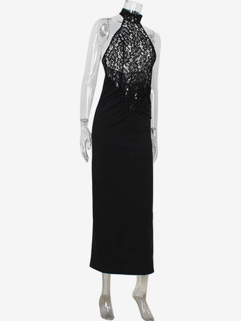 シアーレースパッチワークホルターネックマキシドレス（レディース） - ブラック セクシー バックレス マーメイド ボディコン - サマーフォーマルイブニングガウン 2026