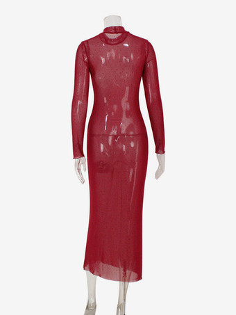 ラインストーンメッシュマキシドレス（レディース） - レッドシースルーハイネック長袖ボディコンカバーアップ - サマークラブウェアパーティウェア2026
