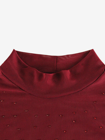 ラインストーンメッシュマキシドレス（レディース） - レッドシースルーハイネック長袖ボディコンカバーアップ - サマークラブウェアパーティウェア2026