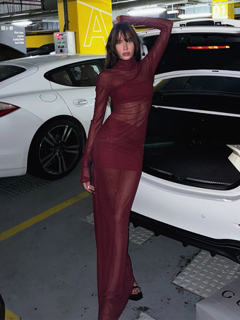 レッド ラインストーンメッシュマキシドレス（レディース） - レッドシースルーハイネック長袖ボディコンカバーアップ - サマークラブウェアパーティウェア2026