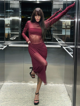 ラインストーンメッシュマキシドレス（レディース） - レッドシースルーハイネック長袖ボディコンカバーアップ - サマークラブウェアパーティウェア2026