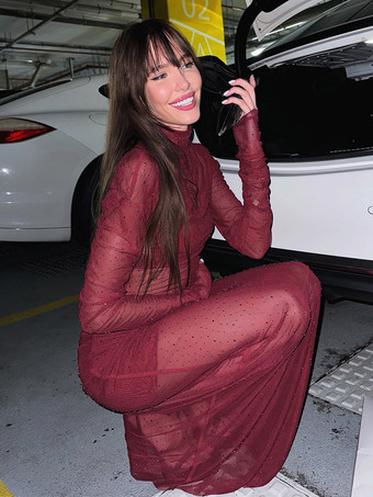 ラインストーンメッシュマキシドレス（レディース） - レッドシースルーハイネック長袖ボディコンカバーアップ - サマークラブウェアパーティウェア2026