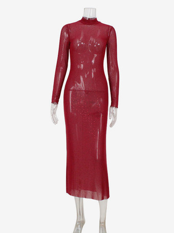 ラインストーンメッシュマキシドレス（レディース） - レッドシースルーハイネック長袖ボディコンカバーアップ - サマークラブウェアパーティウェア2026